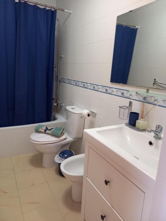 La salle de bains est pourvue de toilettes et d'un rideau de douche bleu. dans l'établissement Bella Vita, à Costa de Antigua