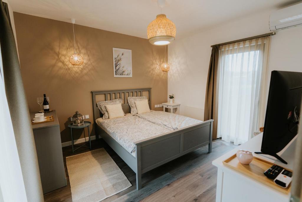 a bedroom with a bed and a television in it at Gyopár Lodge - Gyopárosfürdő in Orosháza