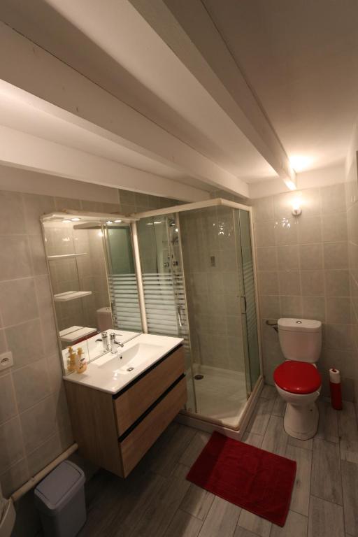a bathroom with a sink and a toilet and a shower at Apparts Gites Cholet centre in Cholet