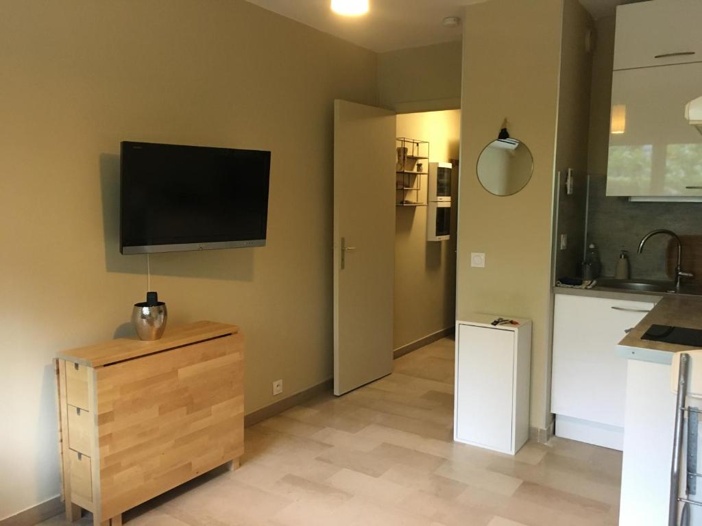 La cuisine est équipée d'une télévision murale et d'un réfrigérateur. dans l'établissement Studette de Cannes, à Cannes