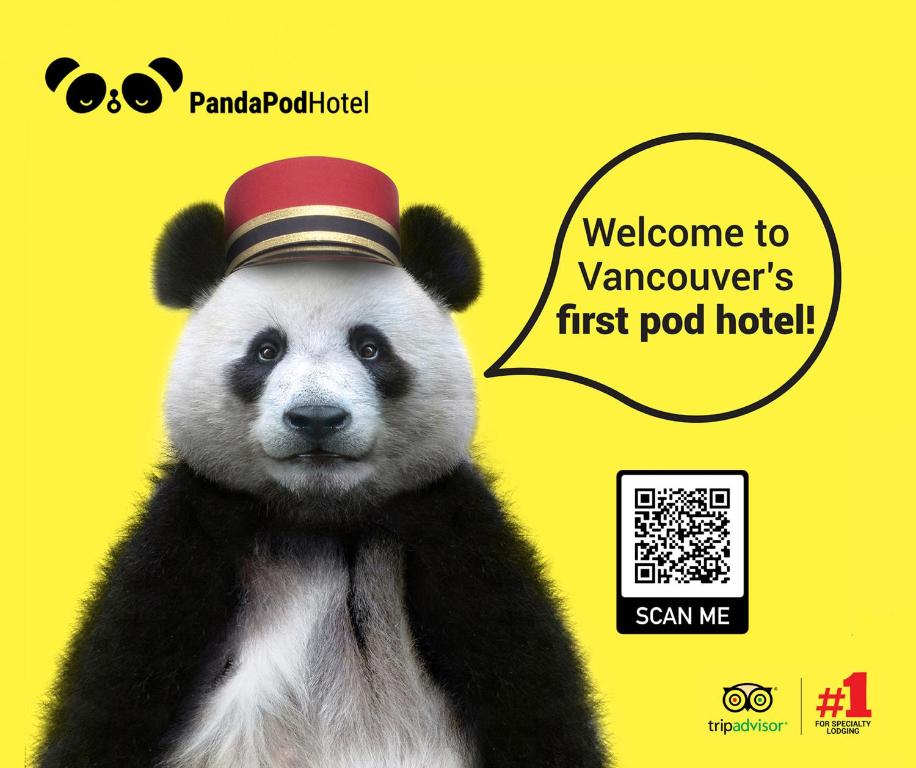 un panda con un cappello su sfondo giallo di Panda Pod Hotel a Richmond