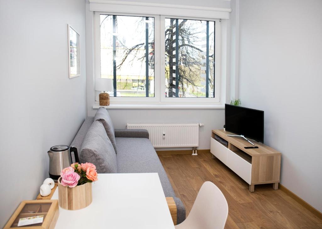 a living room with a couch and a tv at Pepleri Studio 7 in Tartu