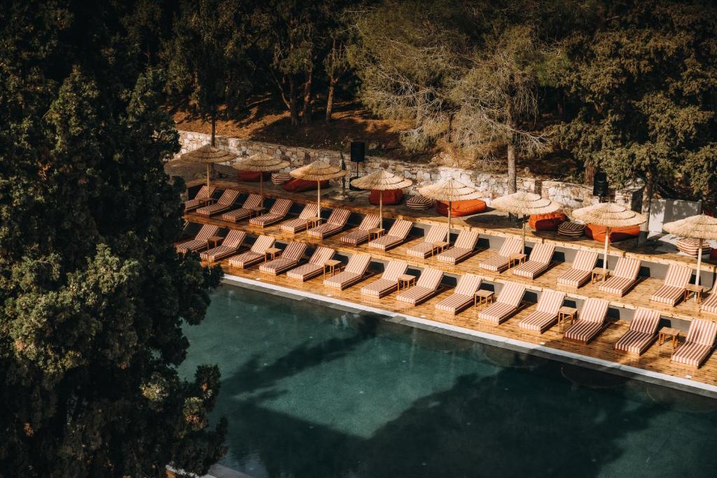 uma vista superior para uma piscina com cadeiras e guarda-sóis em Cook's Club Ialysos Rhodes em Ialyssos