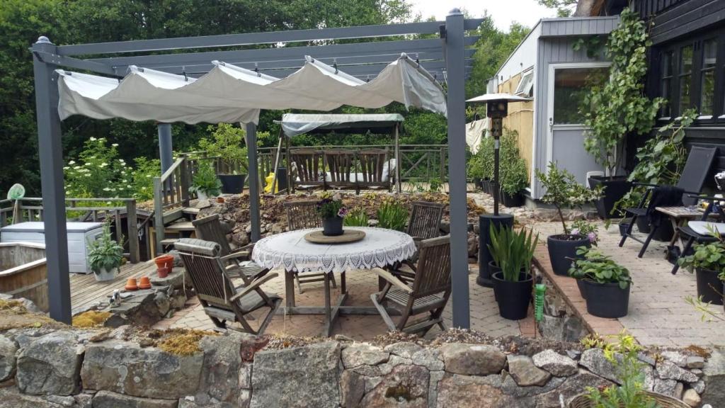 un patio con una mesa y una sombrilla blanca en Hinnedal ,på Ryssberget, en Näsum