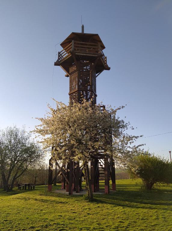 a tower in the middle of a field with a tree at Stüble Kabinok in Somogyhárságy
