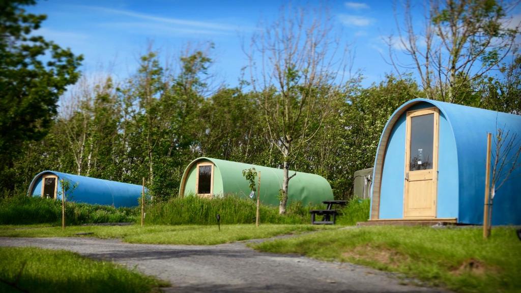 a couple of blue and green tents in the grass at West Point Woods in Barrow in Furness