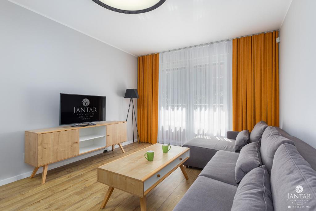 uma sala de estar com um sofá e uma televisão em Jantar Apartamenty - AQUARIUS Apartamenty em Kolobrzeg