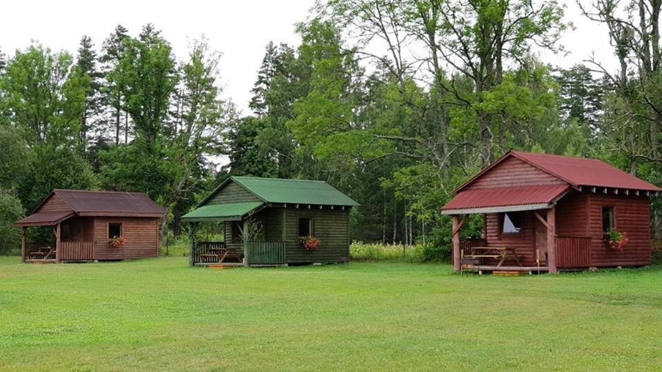 two small buildings sitting in a grass field at Grāveri kempings in Usma
