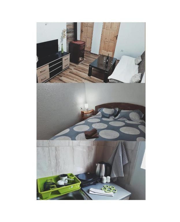 two pictures of a room with a bed and a kitchen at Janja in Žabljak