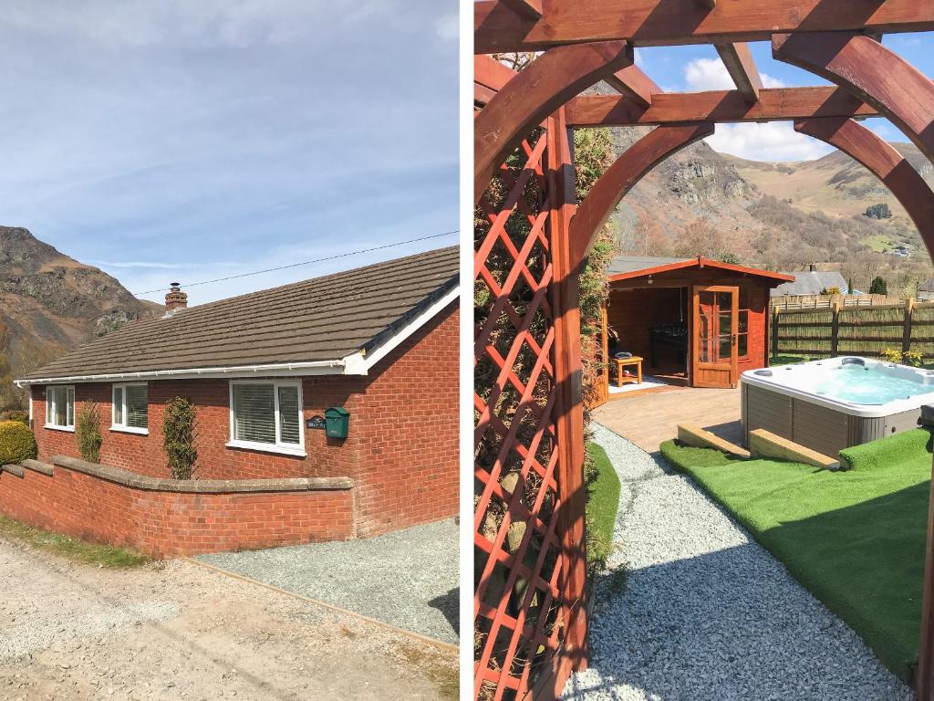 duas fotografias de uma casa com um pátio e uma piscina em Bryn Teg em Oswestry