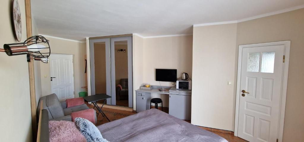 Televízia a/alebo spoločenská miestnosť v ubytovaní Apartamenty Hexagon nr 15