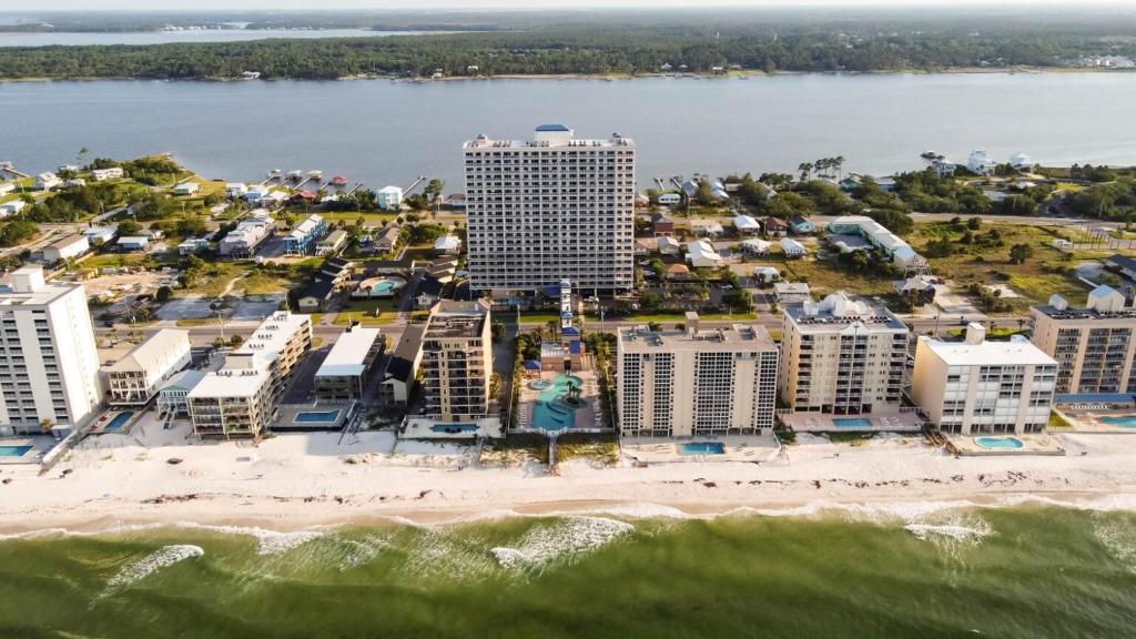 an aerial view of a beach and buildings at Crystal Tower 1906 by Vacation Homes Collection in Gulf Shores