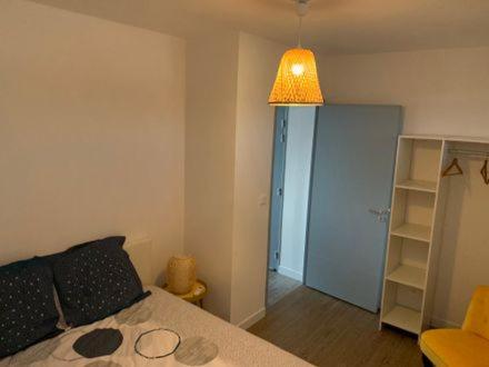 a bedroom with a bed with a lamp and a closet at Belle Isle in Châteauroux
