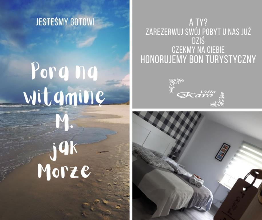 a collage of two pictures of a bedroom and the beach at Villa Karo in Łeba