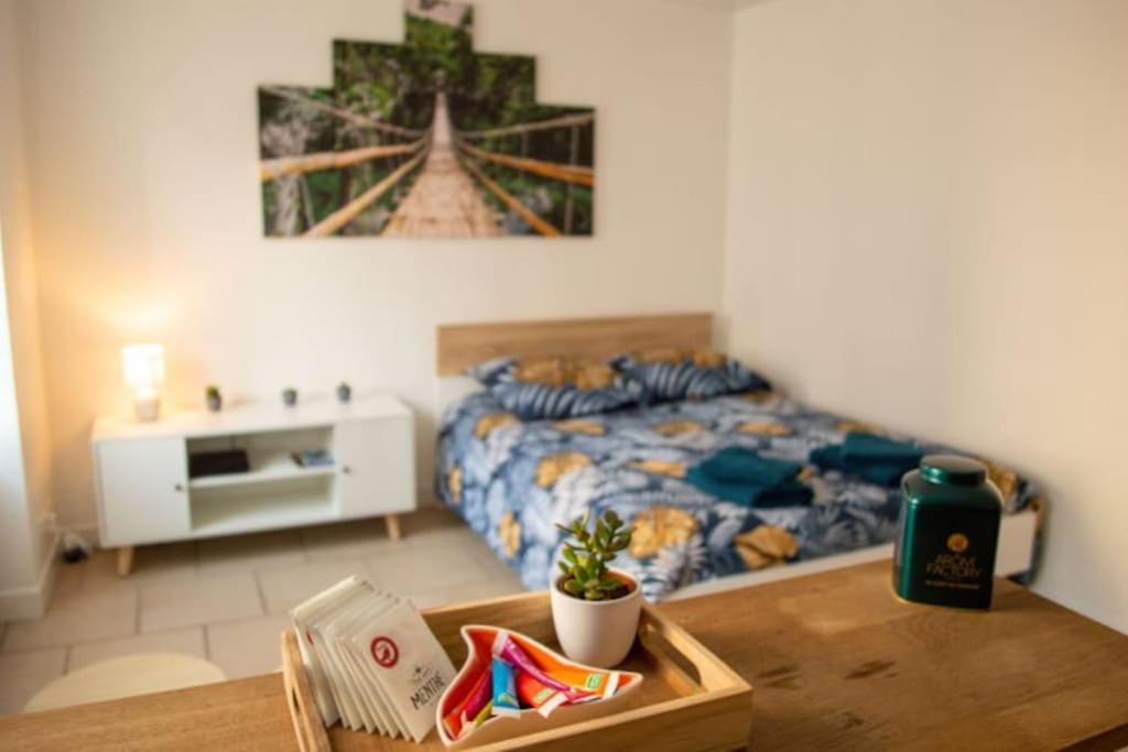 Gaillon的住宿－studio cosy TV WIFI confortable et chaleureux，一间卧室配有一张床、一张桌子和一张桌子。
