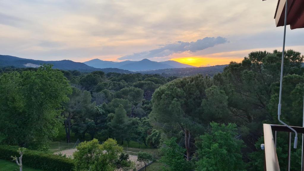 a view of a forest with the sunset in the background at Apartamento Mirador Valdeiglesias in Pelayos de la Presa