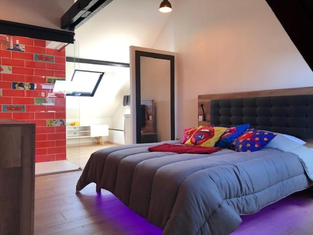 1 dormitorio con 1 cama grande y espejo en Maison avec garage Pop' Appart', en Laon