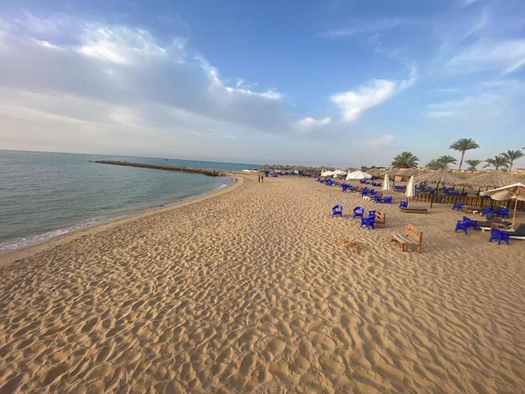 a beach with chairs and umbrellas and the ocean at Private chalte Palmera sokhna family in Ain Sokhna