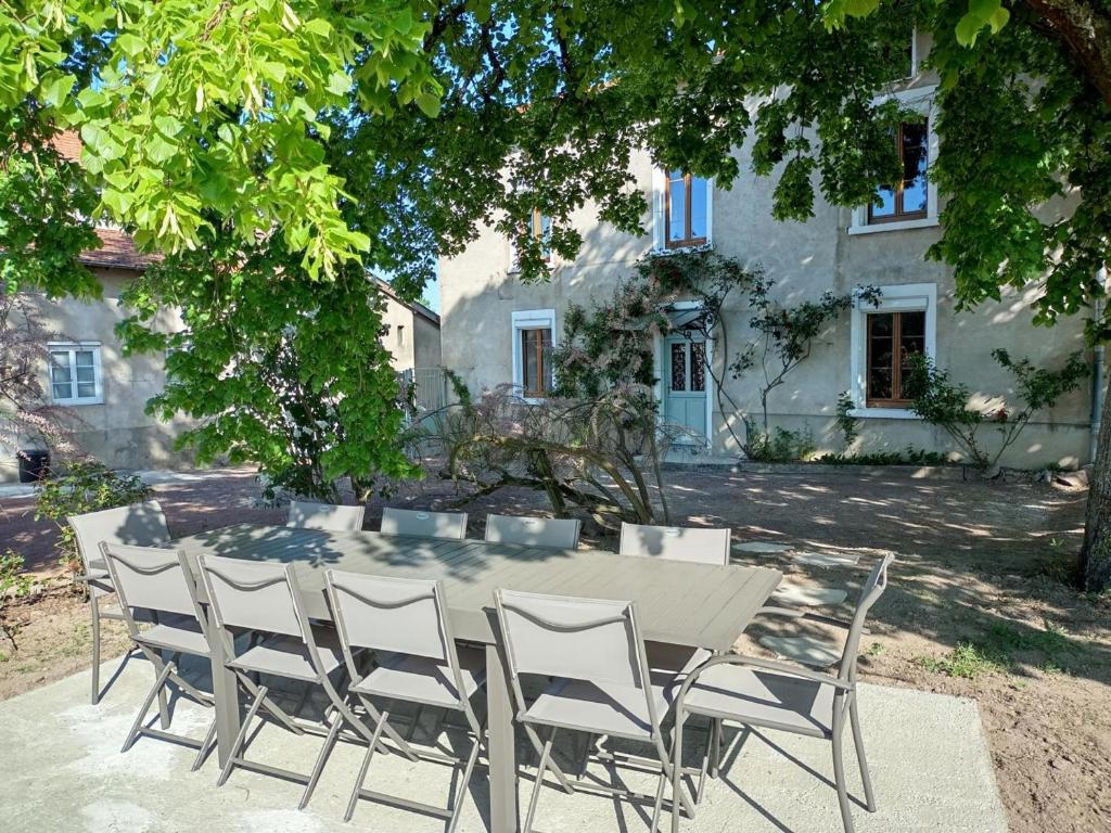 stół i krzesła przed domem w obiekcie Gîte familial avec sauna, jacuzzi, jardin clos et équipements complets à Neulise - FR-1-496-260 w mieście Neulise