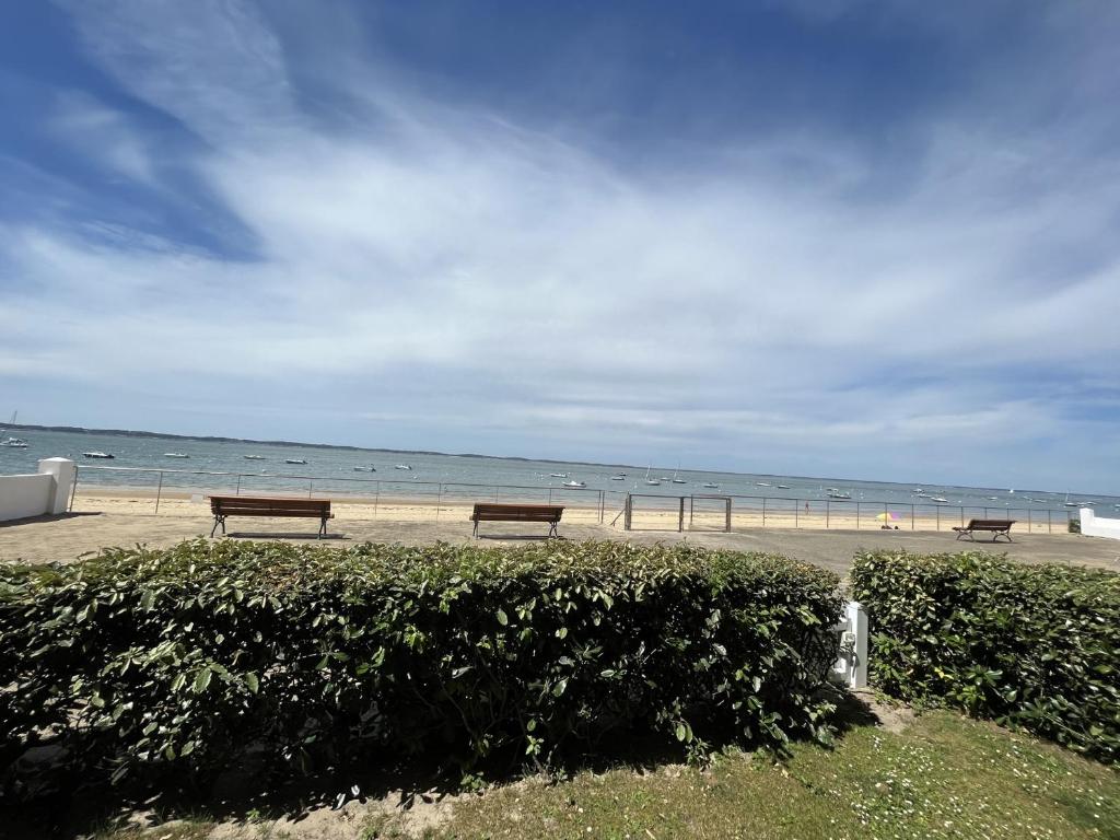 un groupe de bancs assis sur la plage dans l'établissement Appartement T2 RDC avec Jardinet et Accès Direct Plage, Parking Sécurisé, Proche Commerces - FR-1-374-2, à Arcachon