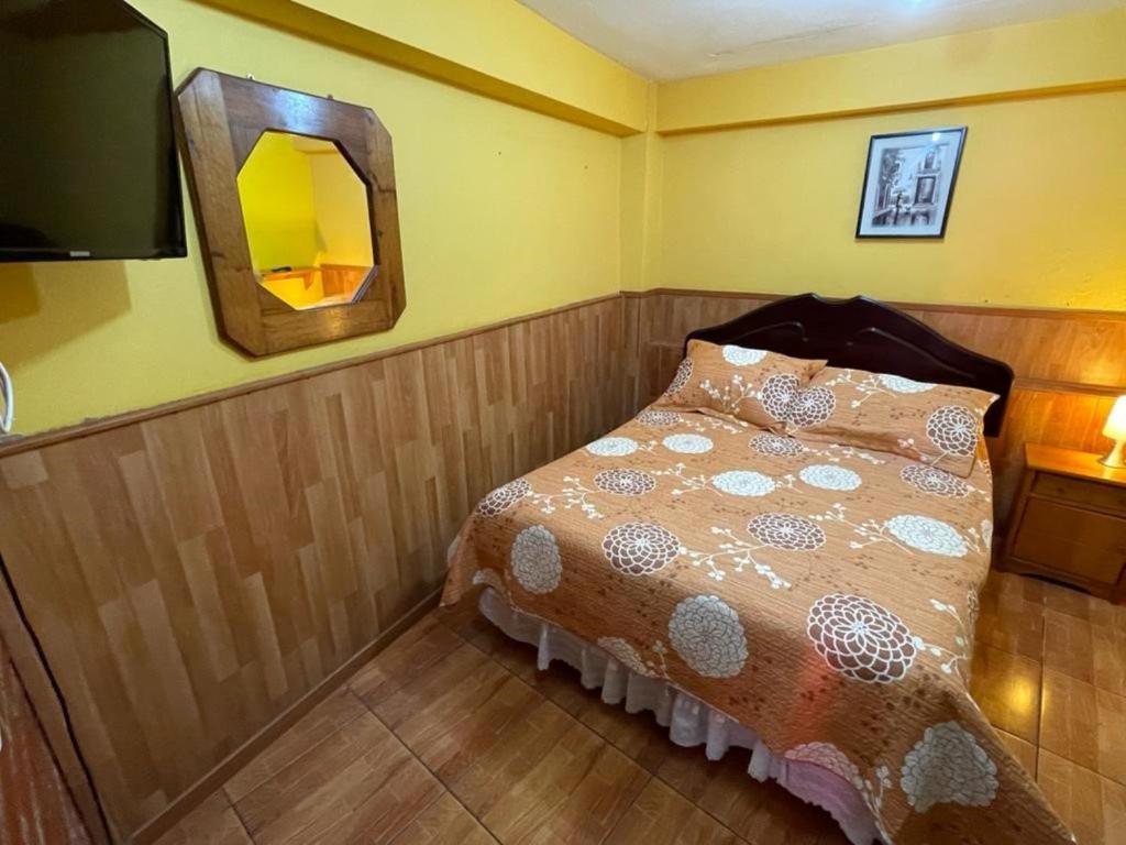 um pequeno quarto com uma cama e um espelho em Hostal Los Salares em Antofagasta