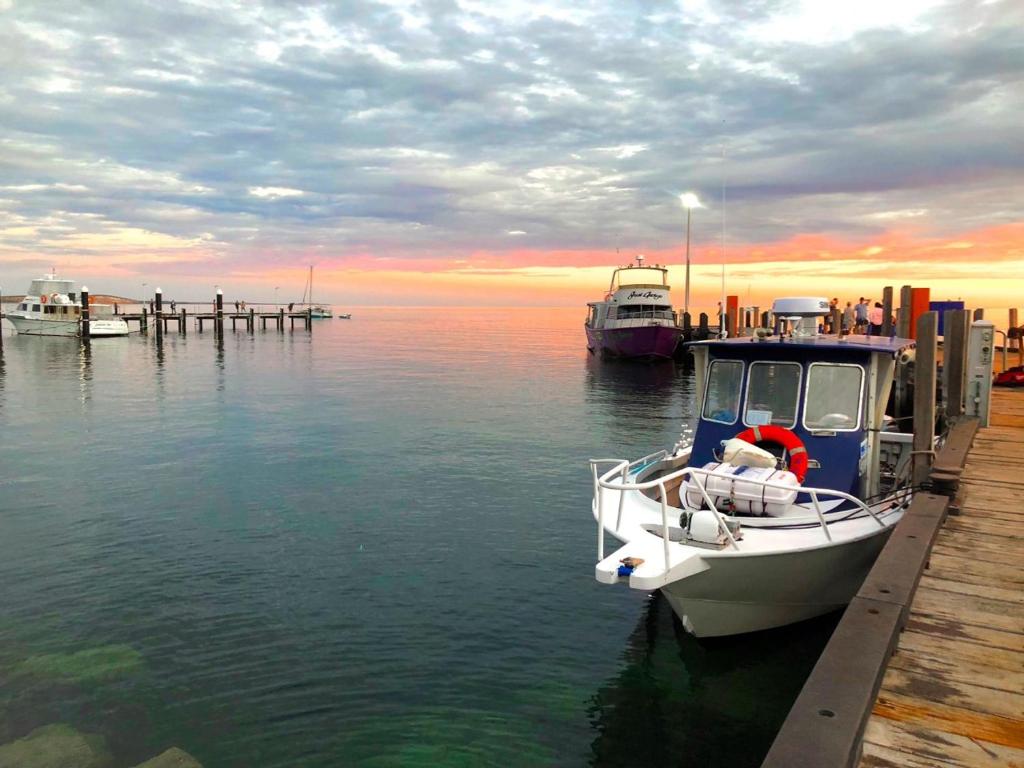 a boat is docked at a dock in the water at Shark Bay Cottages in Denham