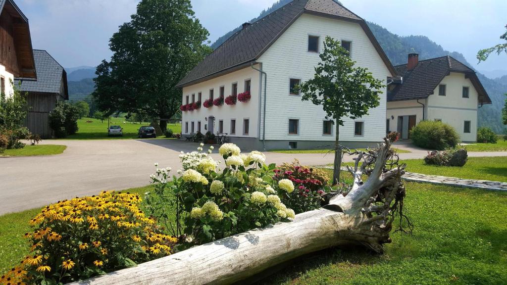 a tree trunk with flowers in front of a house at Gausrab in Hinterstoder