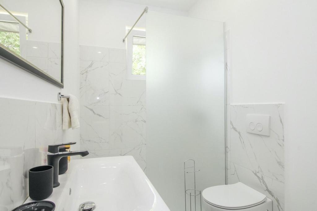 a white bathroom with a toilet and a sink at Mani in Pilkovići - Istrien in Kanfanar