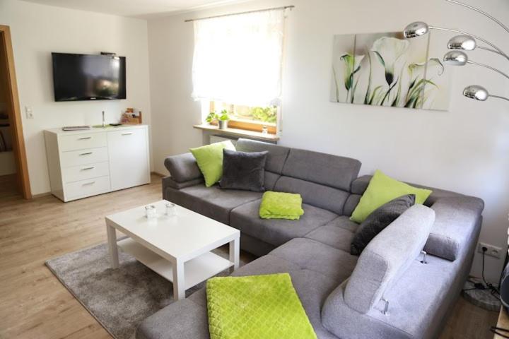 a living room with a gray couch and green pillows at Ferienwohnung Zur Wolfskehln in Viereth-Trunstadt