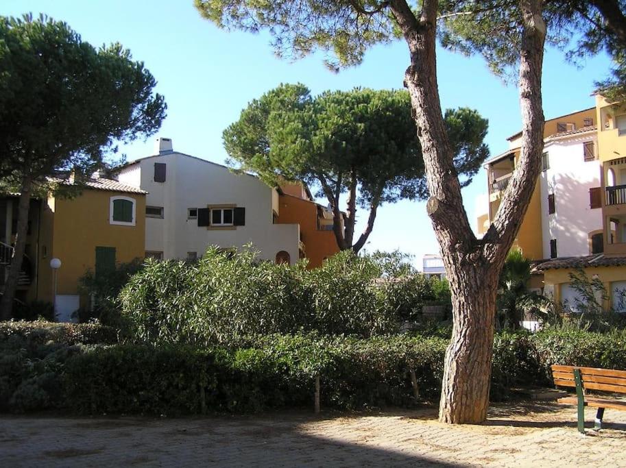 een bank naast een boom en een gebouw bij Studio cabine climatisé rez de jardin plage 150m Boucanet in Le Grau-du-Roi