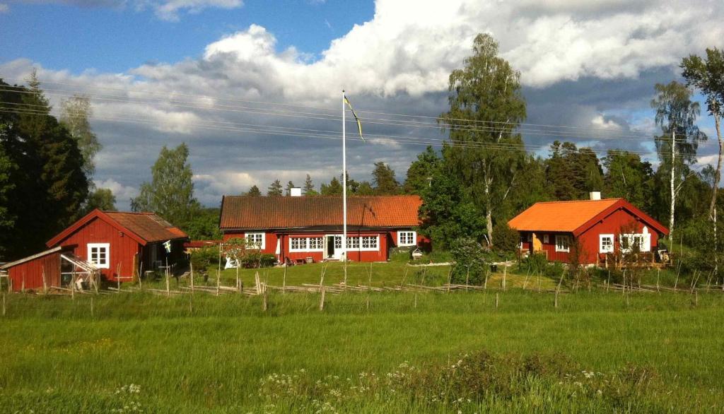 Tystberga的住宿－Tystberga Logi，一座农场,有两座红色的建筑和一片绿色的田野