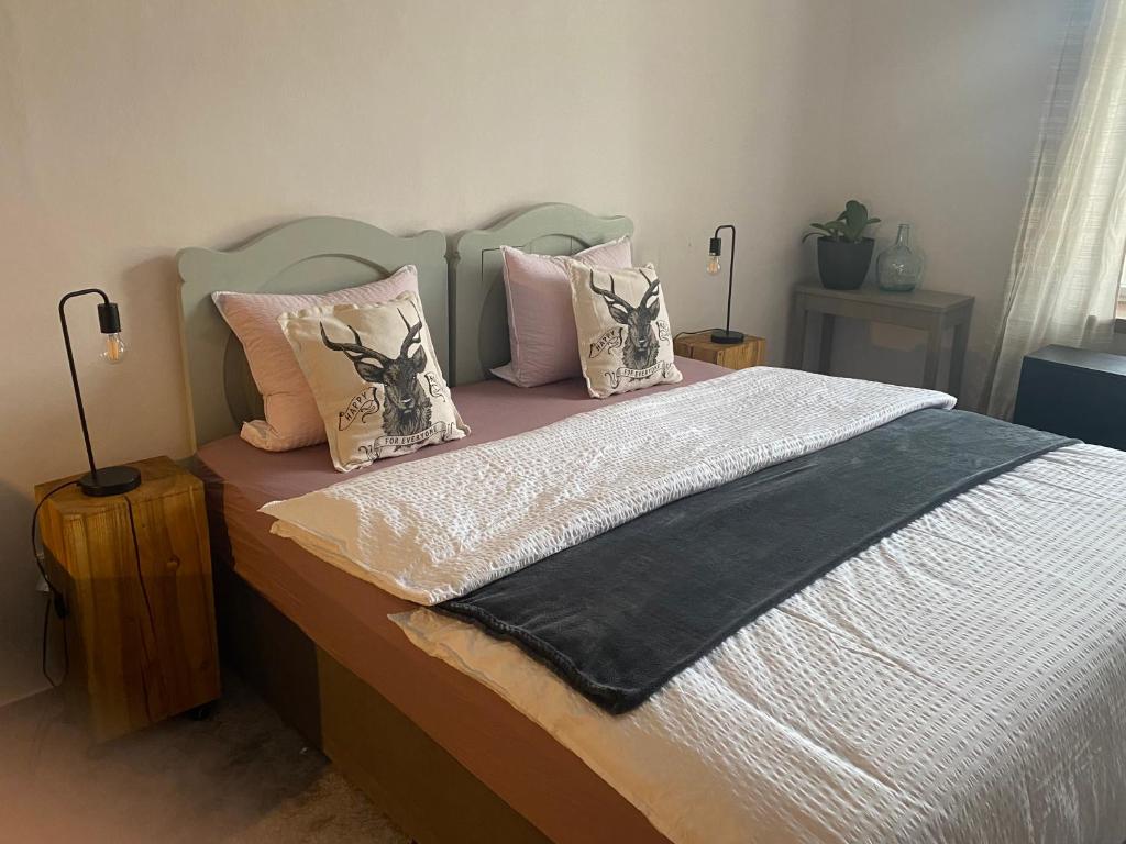 1 dormitorio con 1 cama grande con almohadas en Apartment Stará Pošta, en Hartmanice