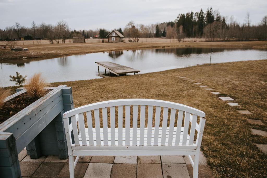 a white bench sitting in front of a pond at Vienkiemio oazė - Skandinaviškas namelis su vaizdu į tvenkinį in Galvokai