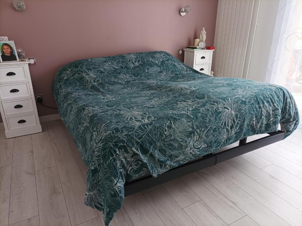 um quarto com uma cama com um cobertor verde em maison d'hotes Dromain em Le Mans