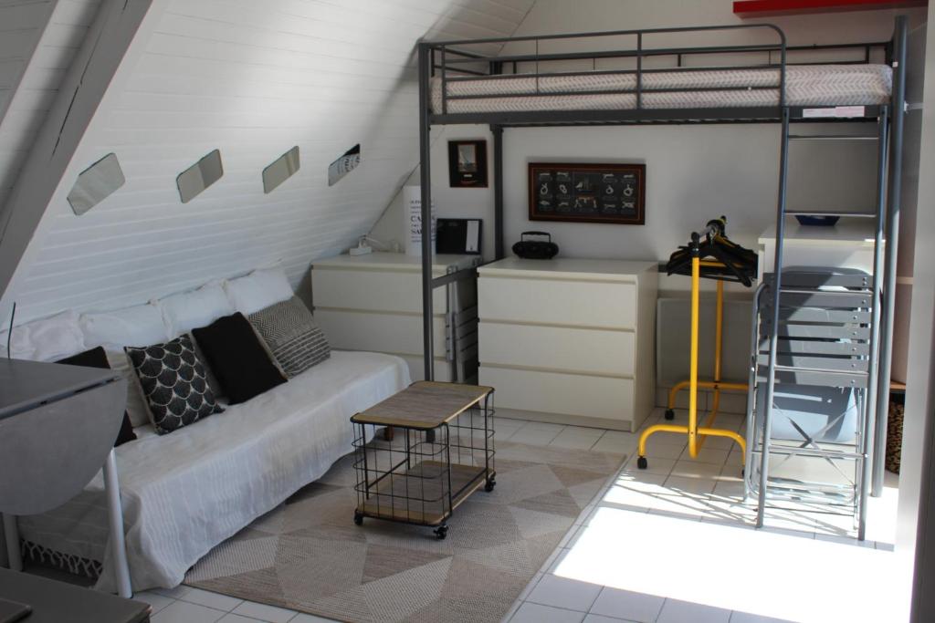 a bedroom with a bunk bed and a ladder at Le studio du dolmen à Plouharnel in Plouharnel