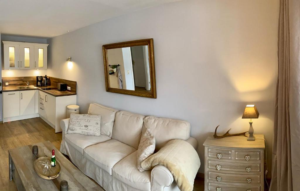 ein Wohnzimmer mit einem weißen Sofa und einem Spiegel in der Unterkunft The Lodge Braunlage in Braunlage