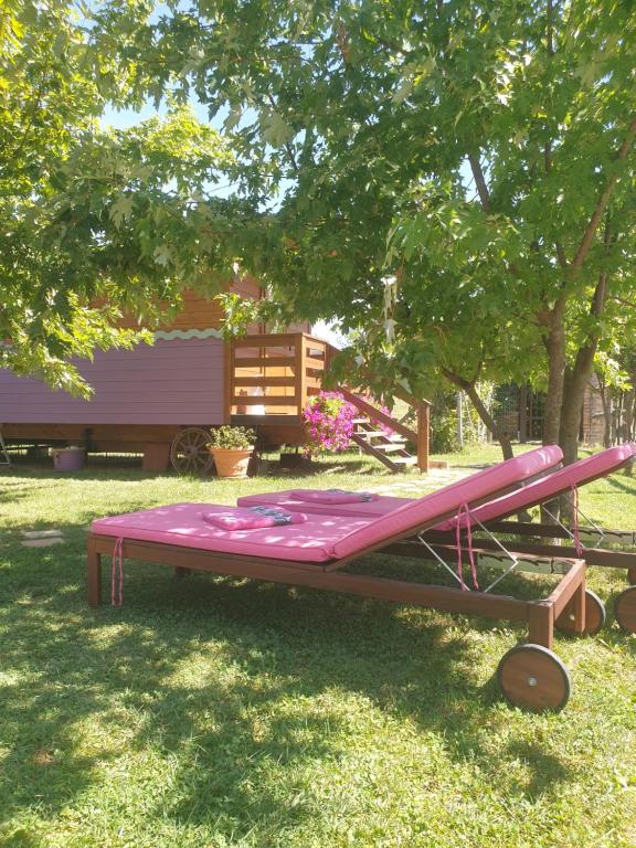 un colchón rosa en una mesa de picnic en el césped en La diligenza, en Tagliolo Monferrato