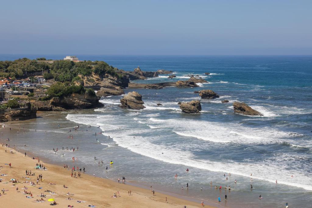 un groupe de personnes sur une plage près de l'océan dans l'établissement Résidence Victoria Surf, à Biarritz