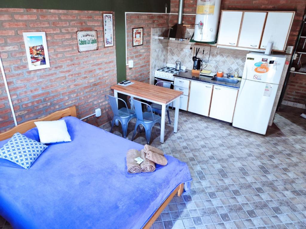 a small kitchen with a table and a refrigerator at Cabañas Los Lúpulos in El Bolsón