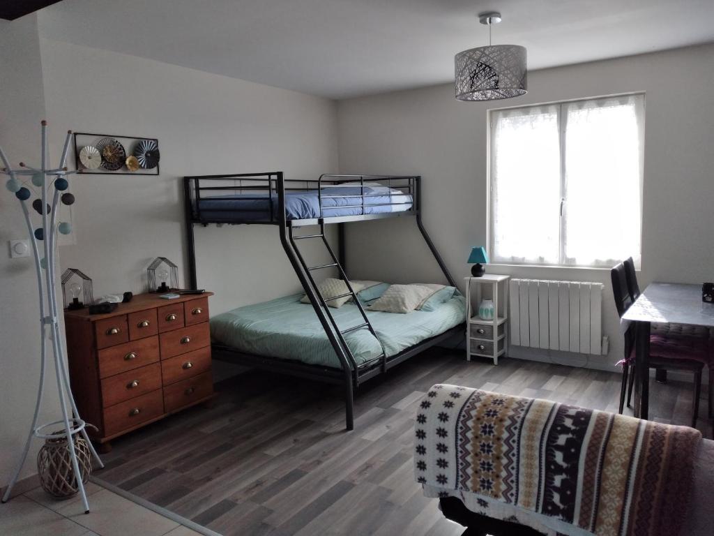 a bedroom with a bunk bed and a dresser at Maison studio individuelle fraichement rénovée in Paray-le-Frésil