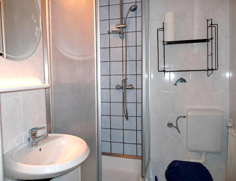 uma pequena casa de banho com um lavatório e um chuveiro em Ferienhaus Petersdorfer See em Petersdorf