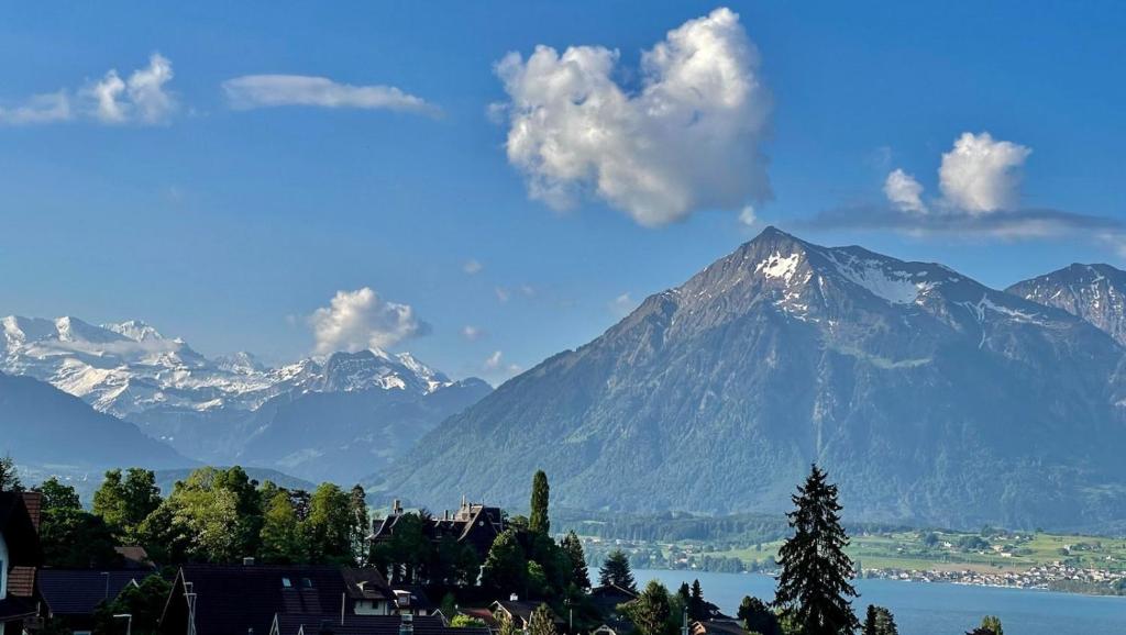 a view of a mountain range with a body of water at Schöne Ferienwohnung mit Seeblick in Thun