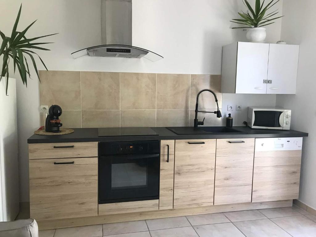 kuchnia z drewnianymi szafkami i czarną płytą kuchenną w obiekcie Appartement T1 plain pied w mieście Le Cannet-des-Maures