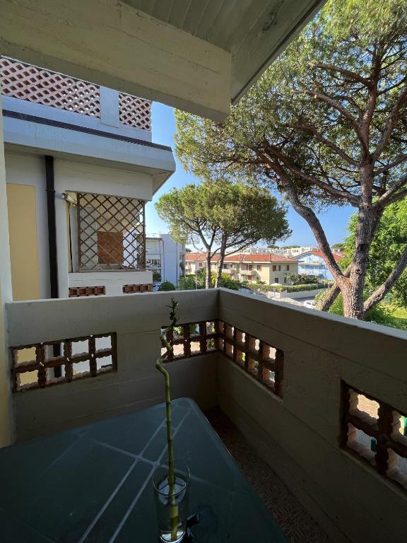widok na balkon z wazą na stole w obiekcie Casa Palma - 300mt dal Mare w mieście Marina di Massa