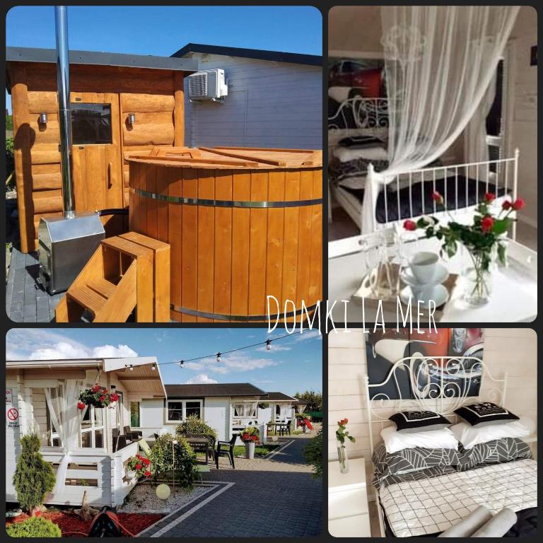 a collage of four pictures of a house at Domki LA MER USTKA z własnymi ogródkami- Balia z jacuzzi ,sauna ,rowery, klimatyzacja in Ustka