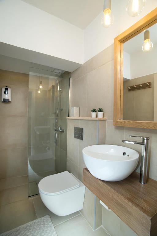 a bathroom with a sink and a toilet and a shower at Horizon Hotel Kalymnos in Myrties