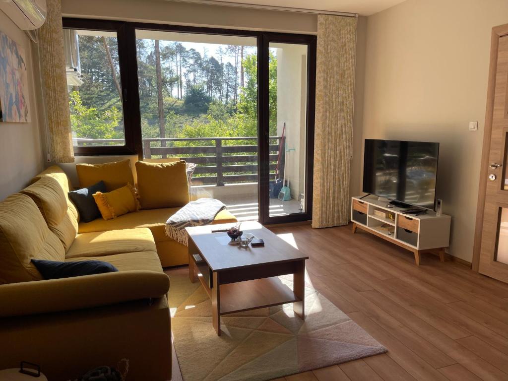 a living room with a couch and a tv and a table at Nikol 2 Deluxe in Velingrad