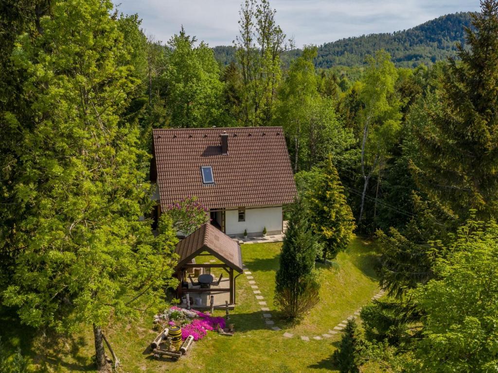 an overhead view of a house in the woods at Detached house at 100m distance of the lake surrounded by beautiful nature and with BBQ in Lokve