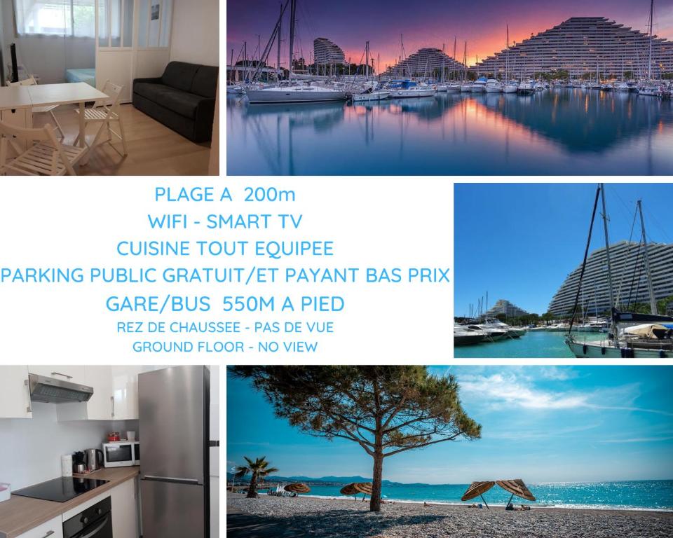 eine Collage mit Fotos mit Blick auf den Yachthafen in der Unterkunft Venus - Climatisé - Marina Baie des Anges in Villeneuve-Loubet
