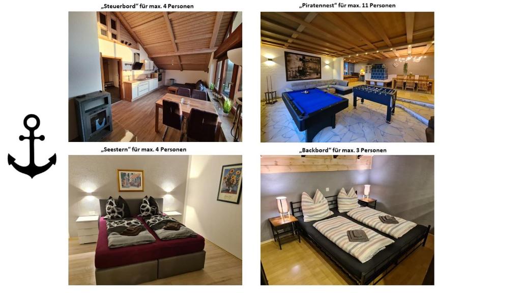 a collage of four pictures of a bedroom at Piratenbucht am Brombachsee in Pleinfeld